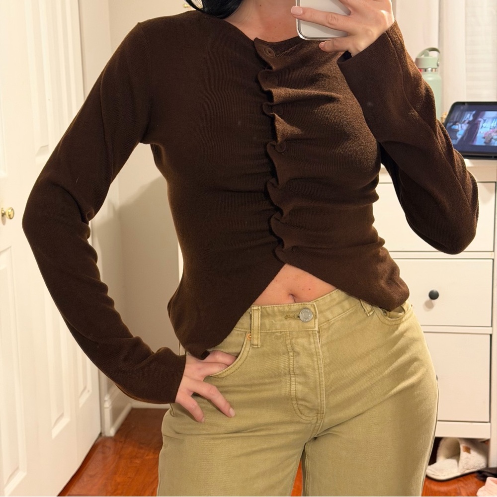 Zara Ruched Knit Top Brown - Picture 3 of 7